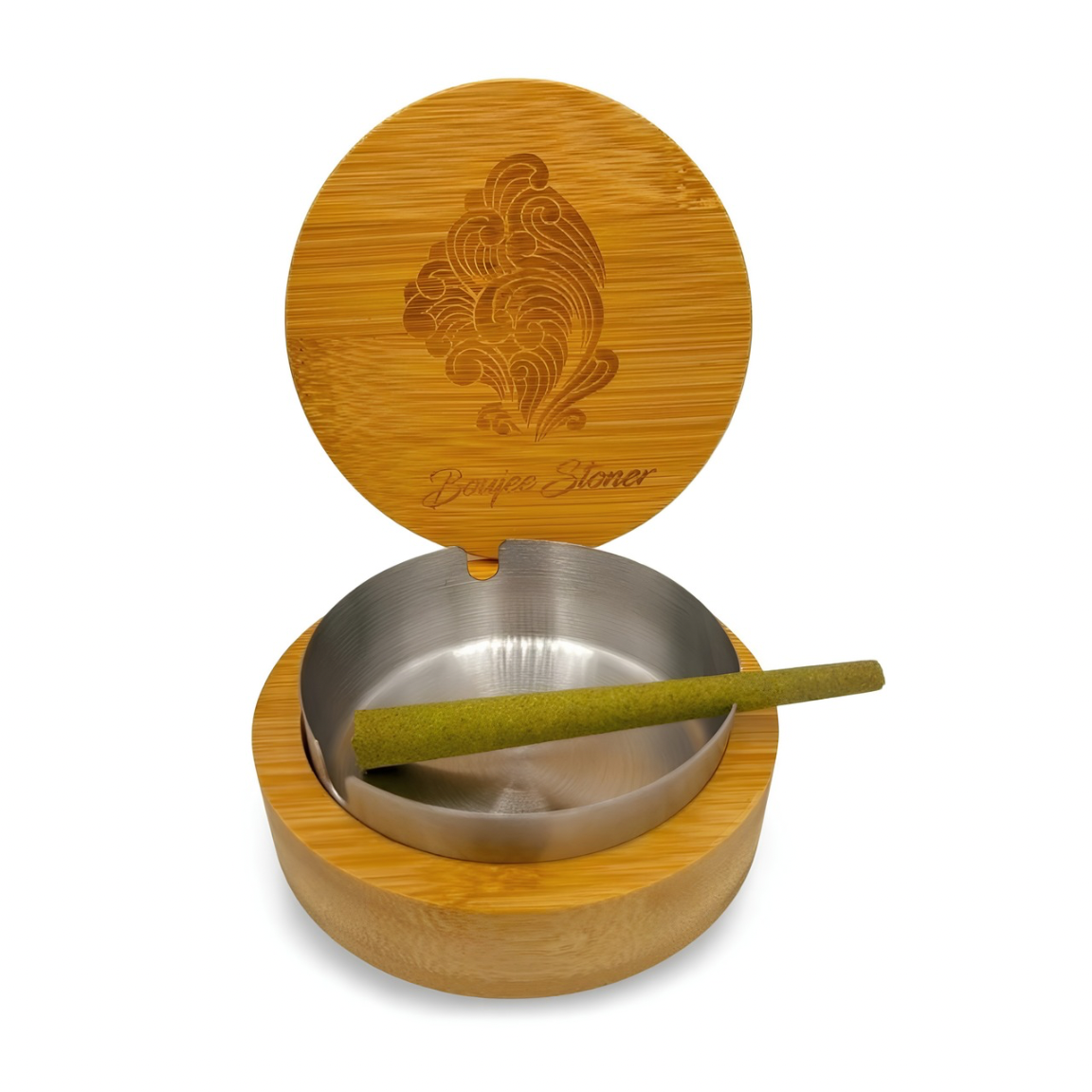 Bamboo container with metal bowl  on a white background