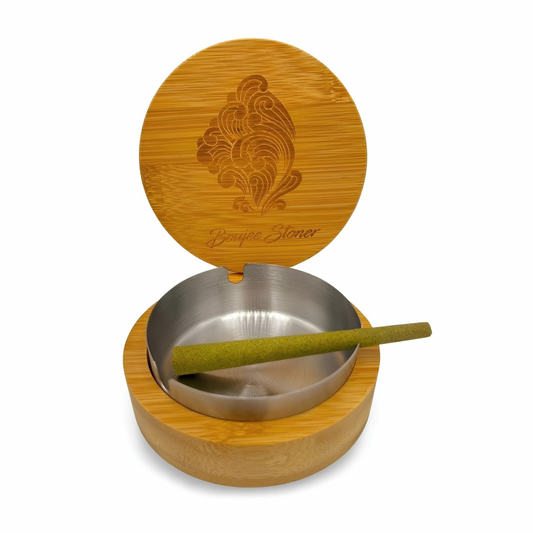 Bamboo container with metal bowl  on a white background