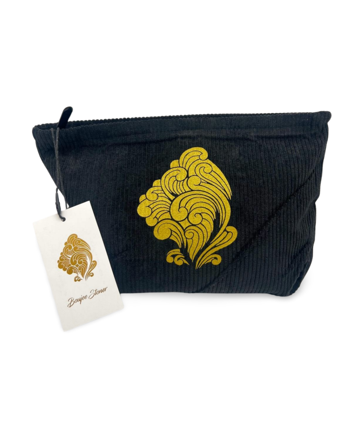A black corduroy zippered pouch with a prominent gold wave pattern on the front, featuring a white paper tag with a matching gold logo that reads 'Yong Jian'.