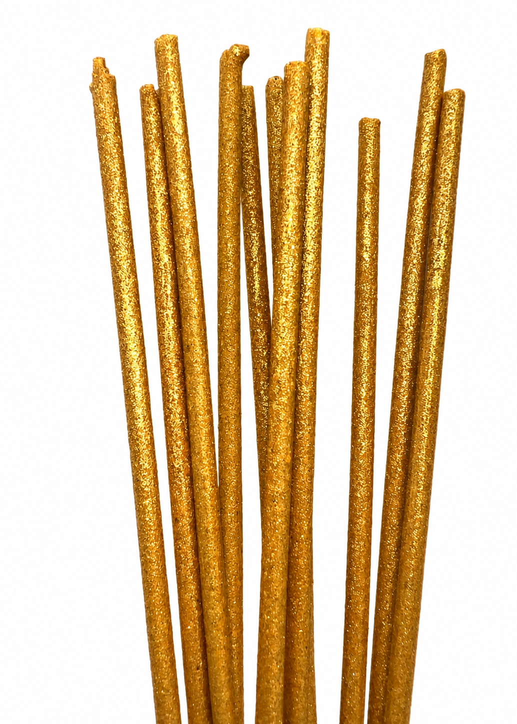 A bundle of glittery gold incense sticks or craft rods standing upright against a plain white background.