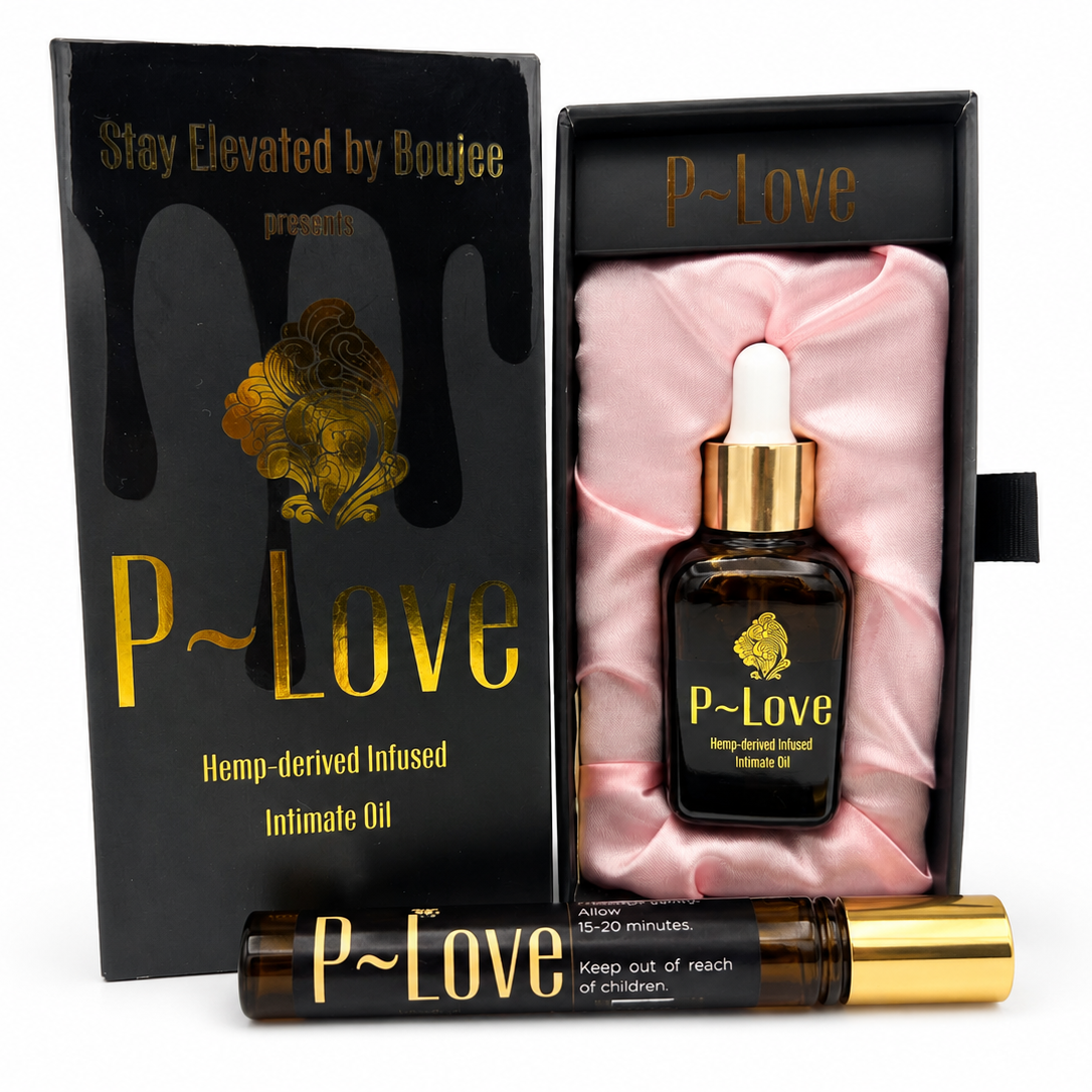 P-Love botanical infused intimate oil packaging with black box and gold accents.