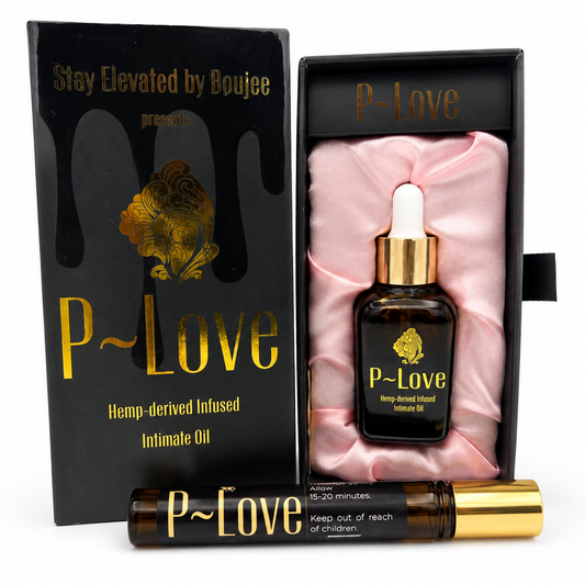 P-Love botanical infused intimate oil packaging with black box and gold accents.