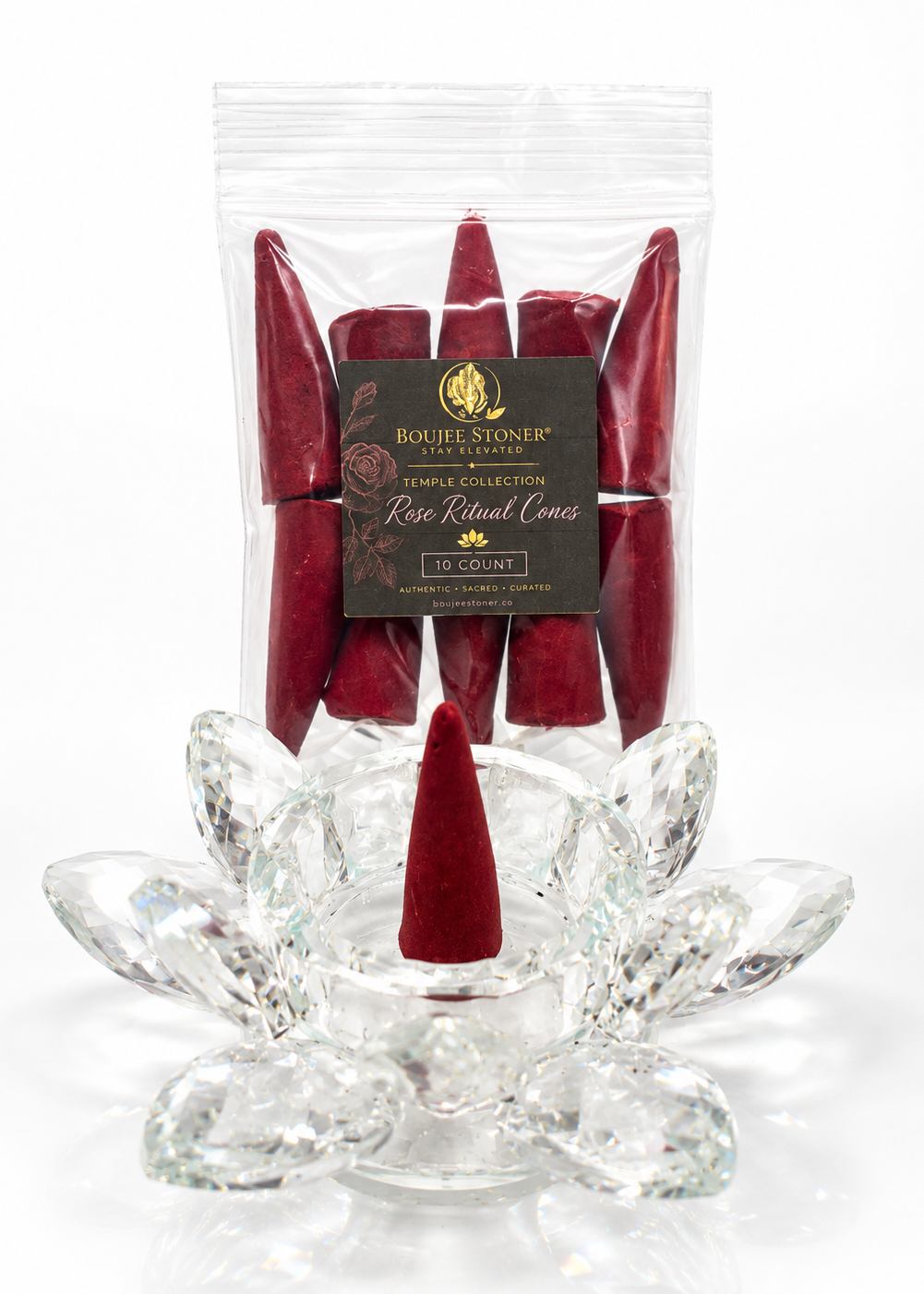 Bougie Stoner Triple Collection Rose Quartz Cones 10-count package, showing the red cones inside a clear bag, with one cone displayed in front on a clear faceted flower-shaped holder against a white background.