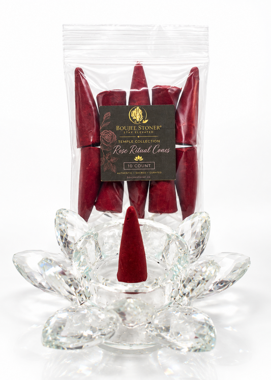 Bougie Stoner Triple Collection Rose Quartz Cones 10-count package, showing the red cones inside a clear bag, with one cone displayed in front on a clear faceted flower-shaped holder against a white background.