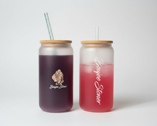 Two 'Boujee Stoner' branded tumblers on a reflective surface.